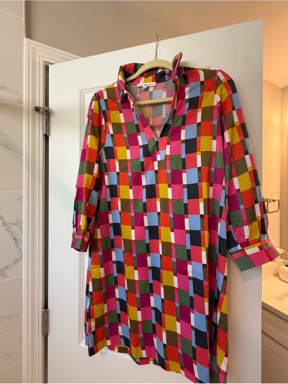 Bright Multicolor Geometric Midi Dress in Pink & Multi